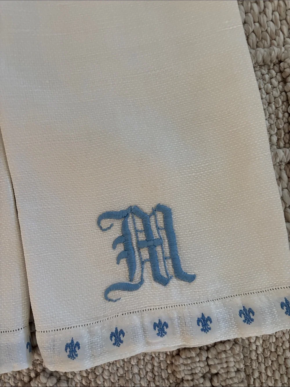 Embroidered Monogram Linen Hand Towels - Blue on Cream